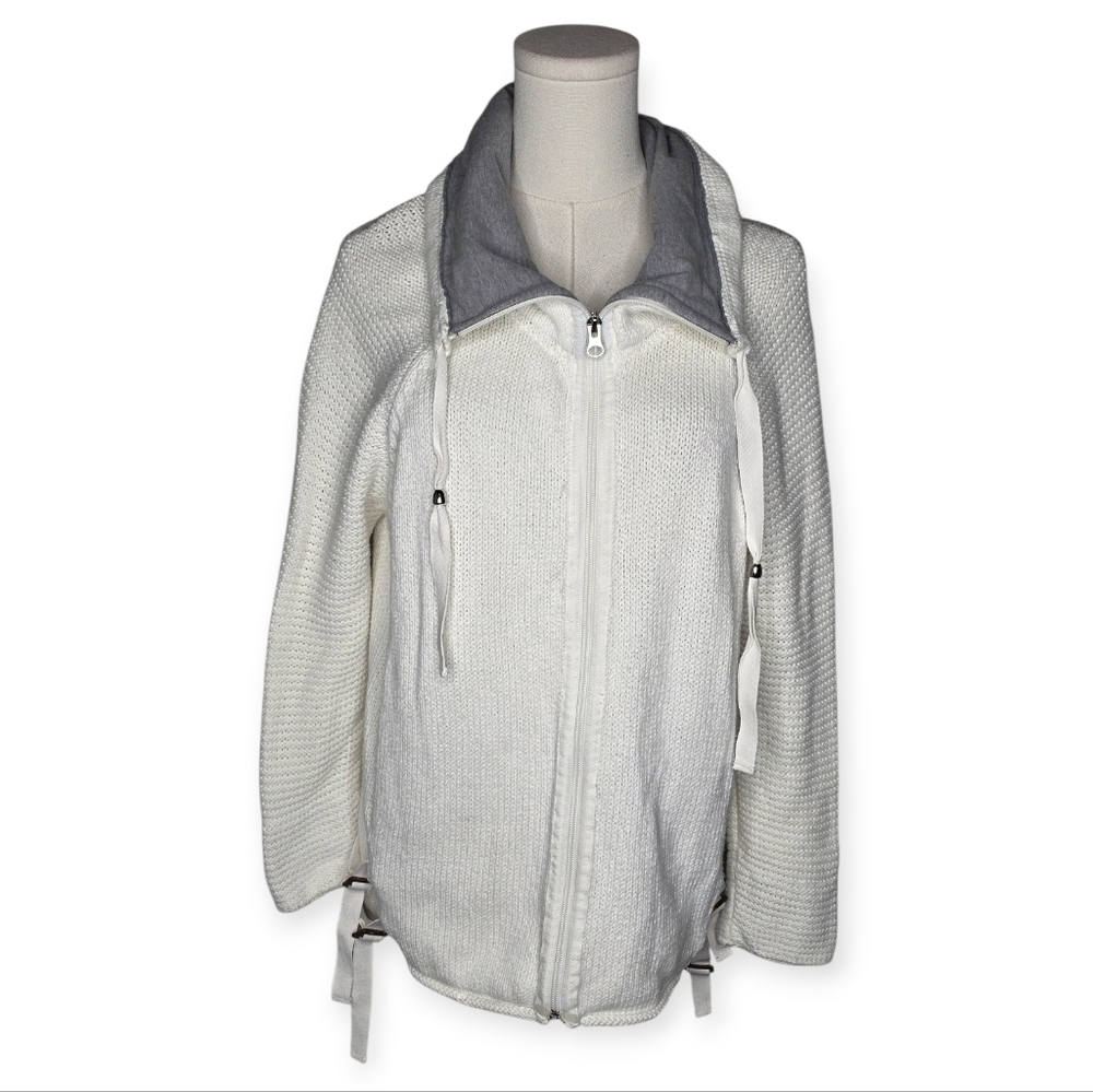 Pure Handknit Cotton Zip Front Sweater Jacket Ivory Gray Size S